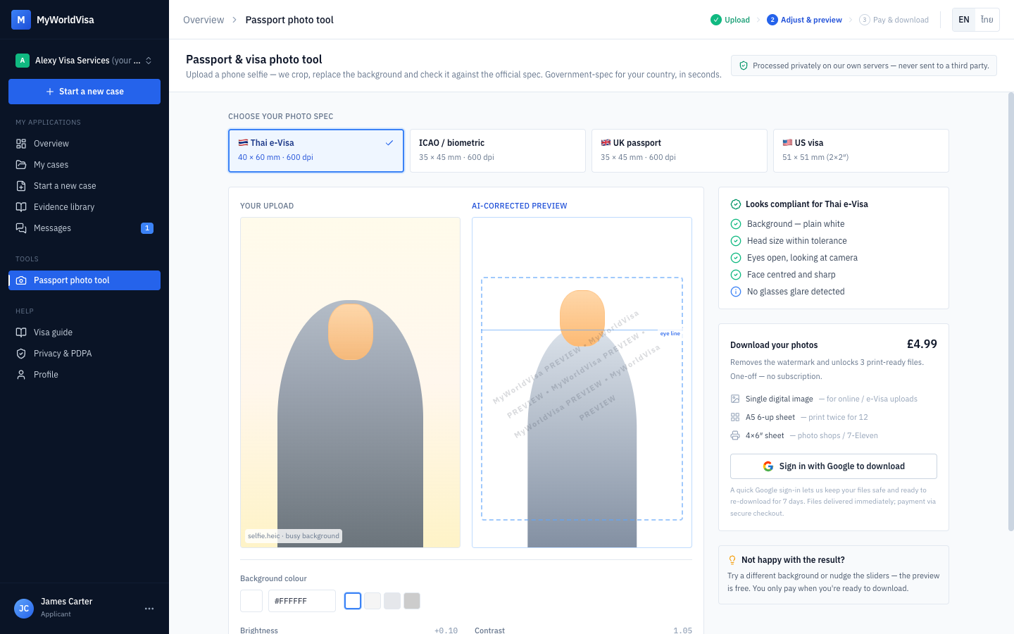 The MyWorldVisa passport photo tool with a live compliance checklist